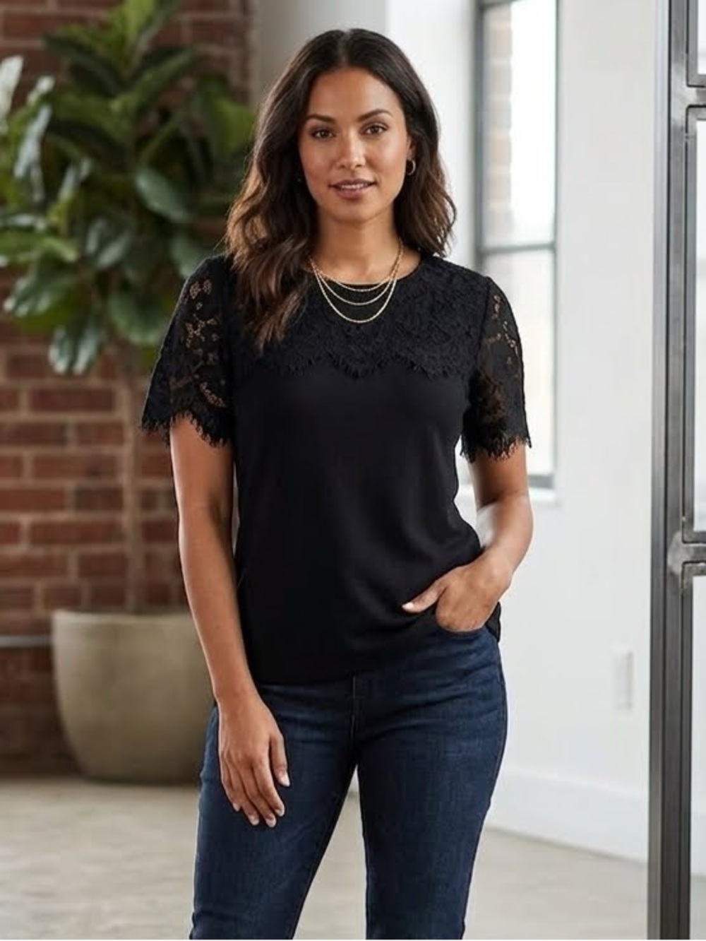 Laura Scott Cotton Black w/ Lace Yoke Short Sleeve Blouse Size S/M
